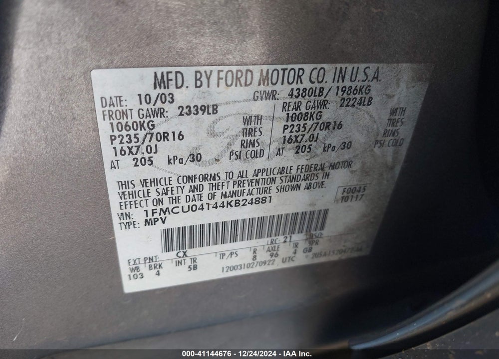 2004 FORD ESCAPE LIMITED VIN: 1FMCU04144KB24881
