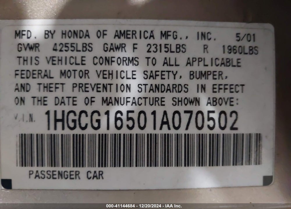 2001 HONDA ACCORD 3.0 EX VIN: 1HGCG16501A070502