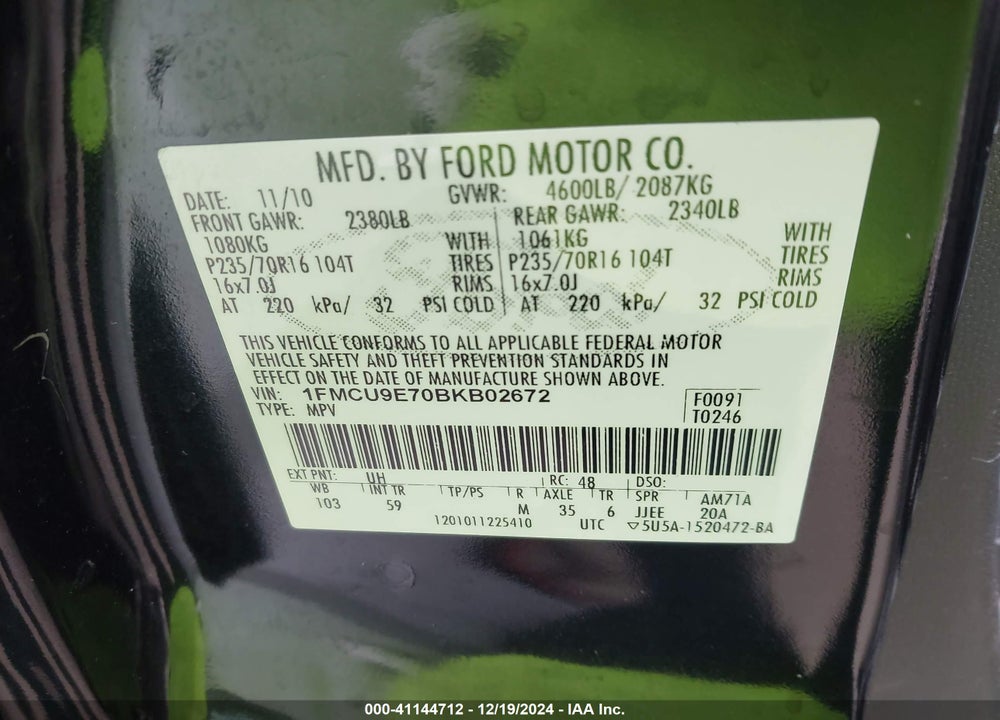 2011 FORD ESCAPE LIMITED VIN: 1FMCU9E70BKB02672