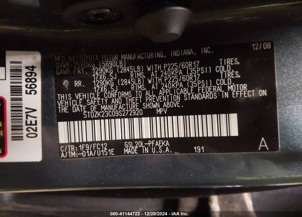 2009 TOYOTA SIENNA LE VIN: 5TDZK23C09S272920