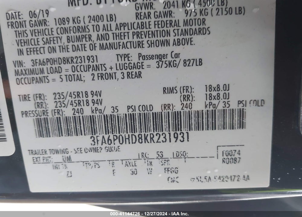 2019 FORD FUSION VIN: 3FA6P0HD8KR231931