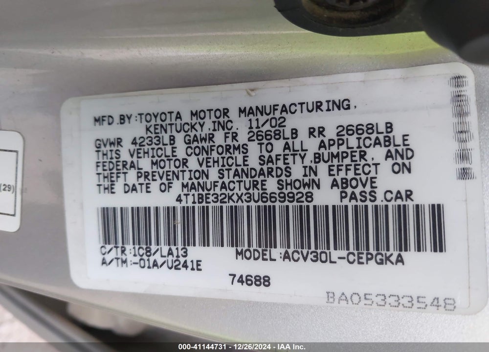 2003 TOYOTA CAMRY VIN: 4T1BE32KX3U669928