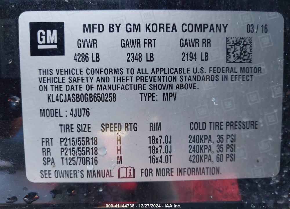 2016 BUICK ENCORE VIN: KL4CJASB0GB650258