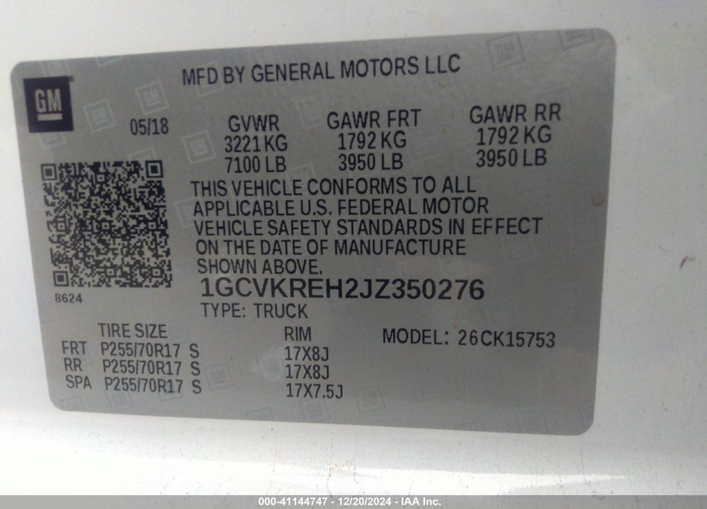 2018 CHEVROLET SILVERADO 1500 1LT VIN: 1GCVKREH2JZ350276