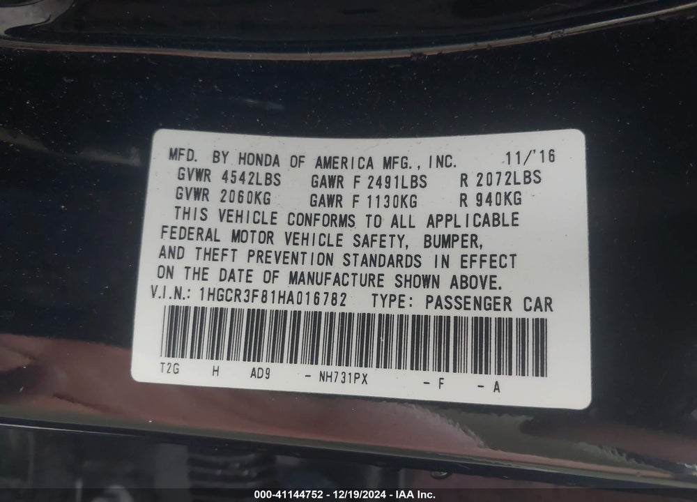 2017 HONDA ACCORD EX-L V6 VIN: 1HGCR3F81HA016782