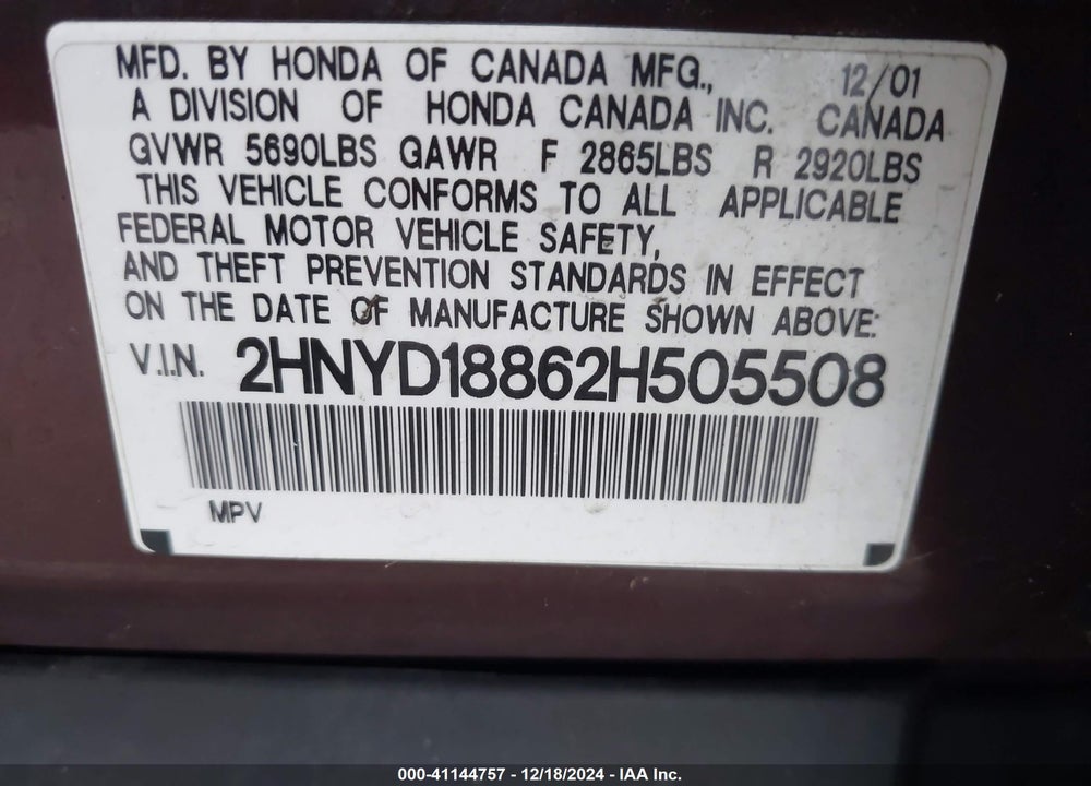 2002 ACURA MDX VIN: 2HNYD18862H505508