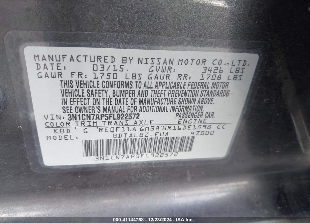 2015 NISSAN VERSA 1.6 SV VIN: 3N1CN7AP5FL922572