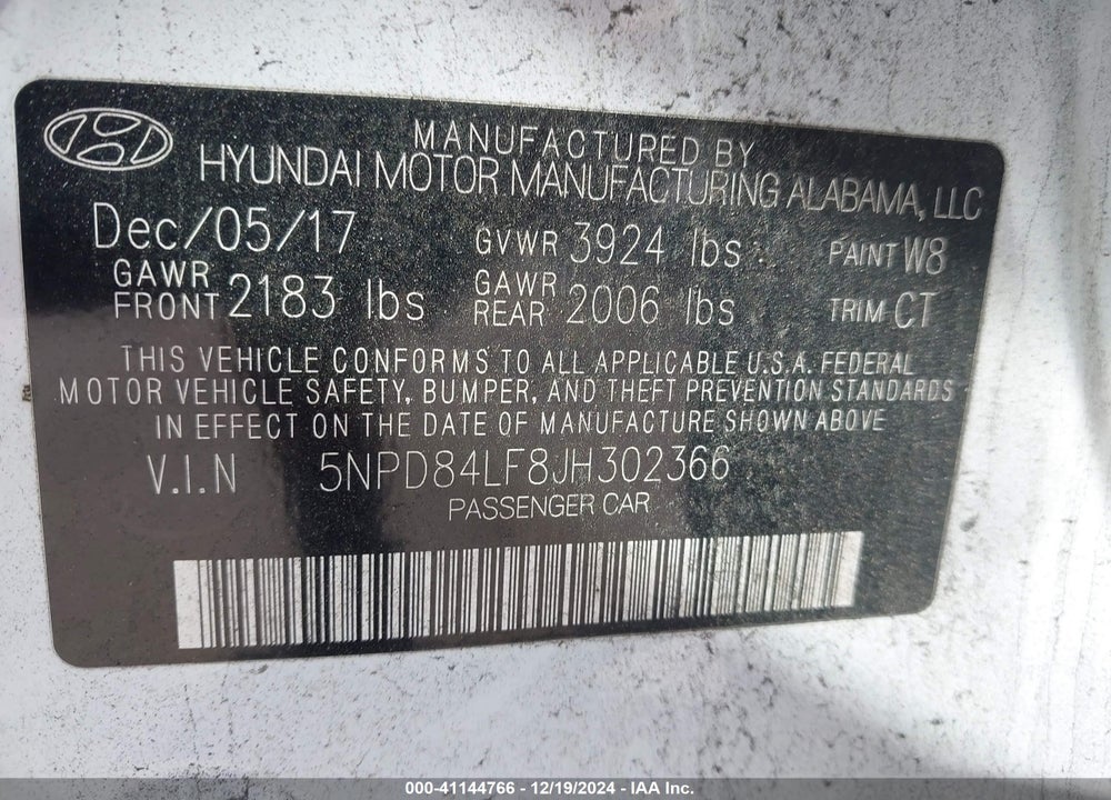 2018 HYUNDAI ELANTRA SEL VIN: 5NPD84LF8JH302366