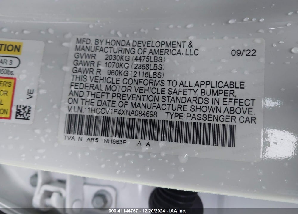 2022 HONDA ACCORD SPORT SE VIN: 1HGCV1F4XNA084698
