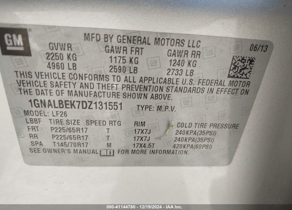 2013 CHEVROLET EQUINOX LS VIN: 1GNALBEK7DZ131551