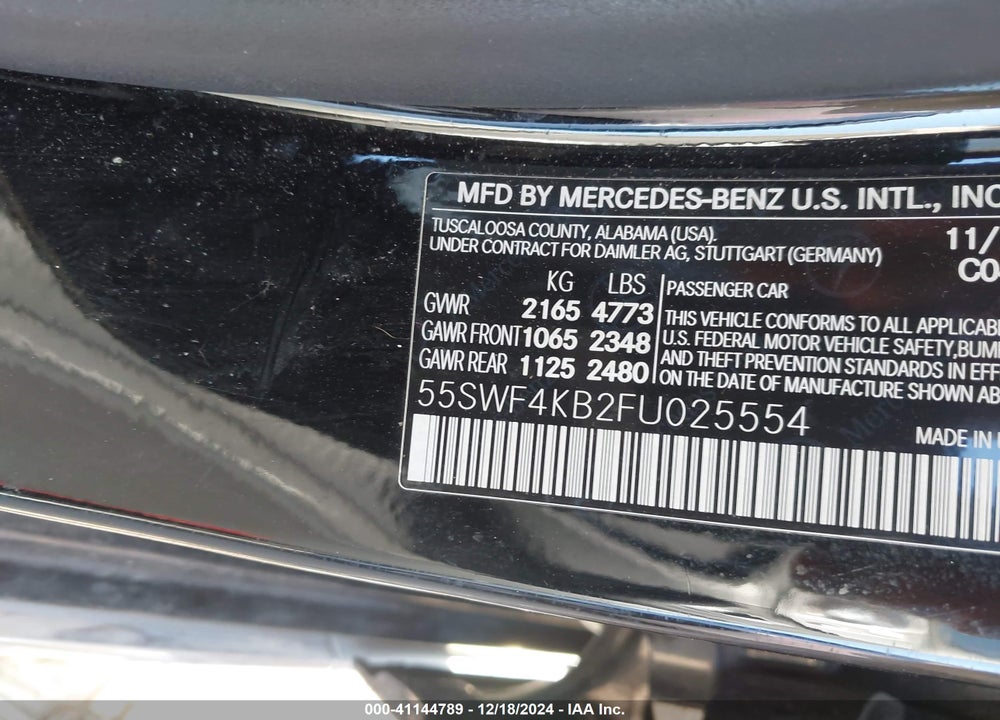 2015 MERCEDES-BENZ C 300 4MATIC/LUXURY 4MATIC/SPORT 4MATIC VIN: 55SWF4KB2FU025554
