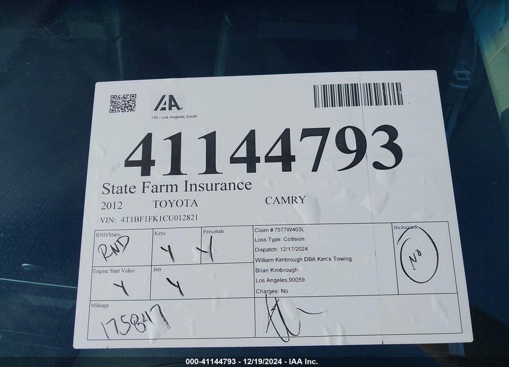 2012 TOYOTA CAMRY SE VIN: 4T1BF1FK1CU012821