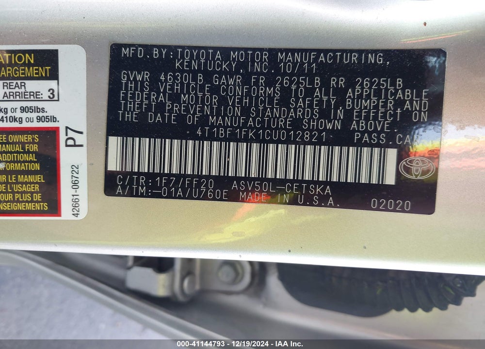 2012 TOYOTA CAMRY SE VIN: 4T1BF1FK1CU012821