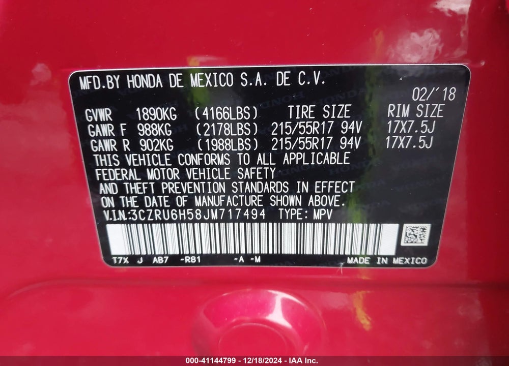 2018 HONDA HR-V EX VIN: 3CZRU6H58JM717494