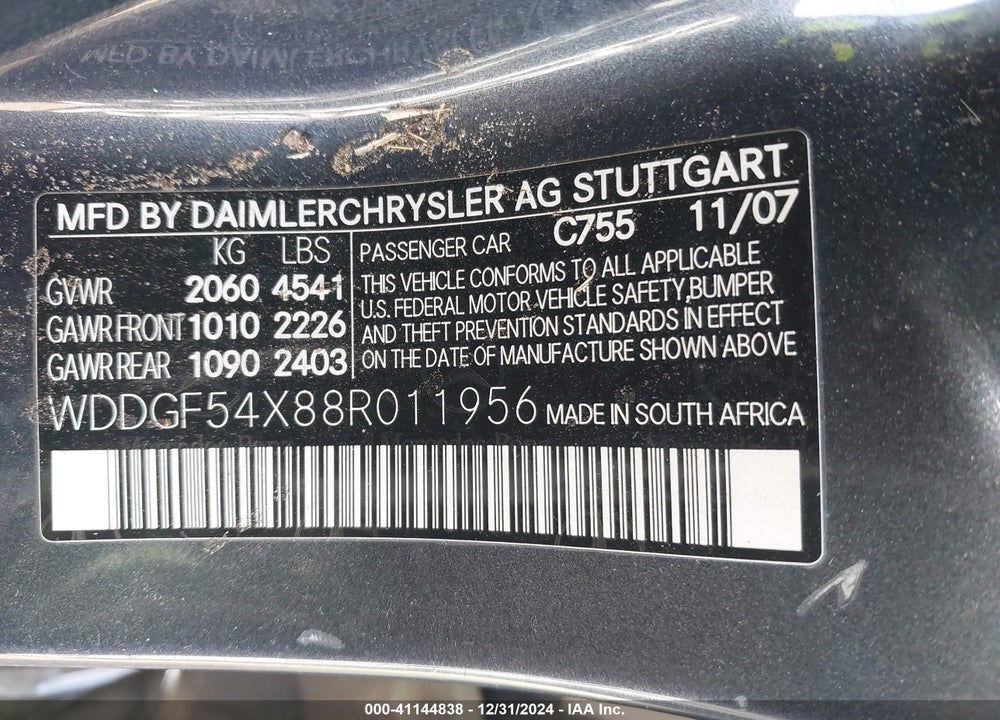 2008 MERCEDES-BENZ C 300 VIN: WDDGF54X88R011956