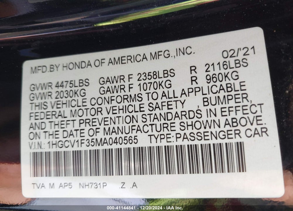 2021 HONDA ACCORD SPORT VIN: 1HGCV1F35MA040565