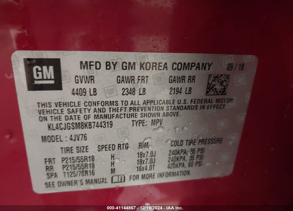 2019 BUICK ENCORE AWD ESSENCE VIN: KL4CJGSM8KB744319