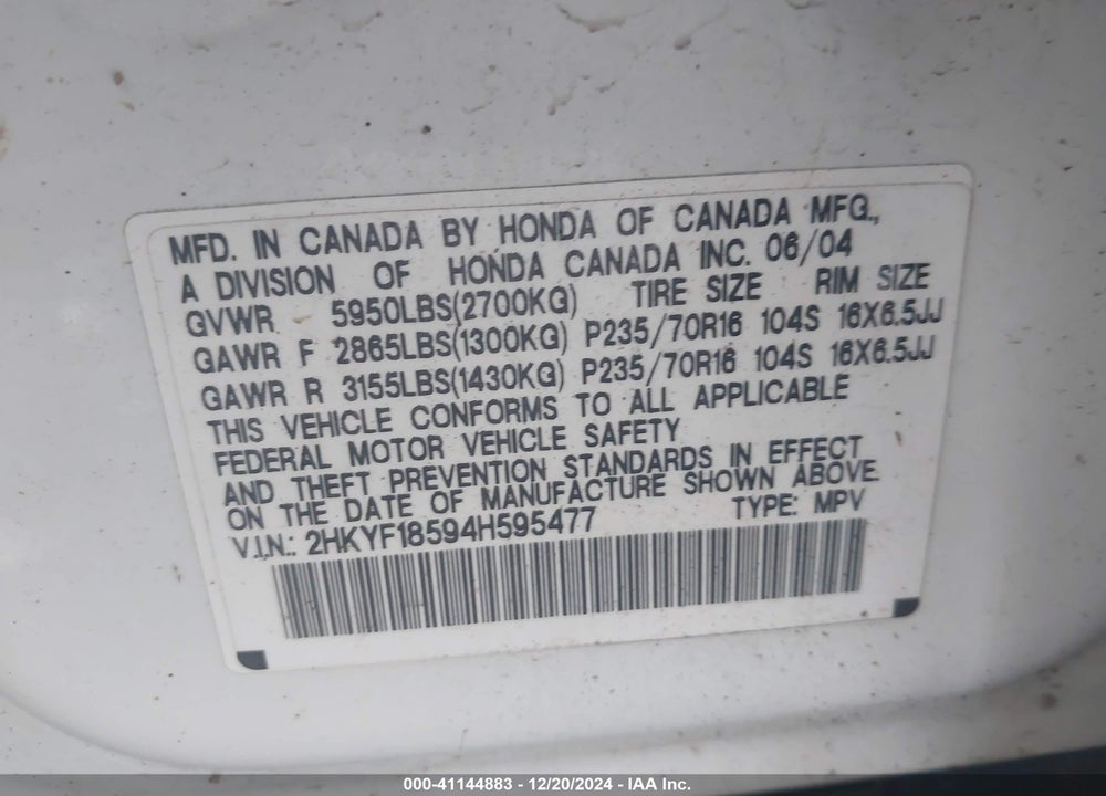 2004 HONDA PILOT EX-L VIN: 2HKYF18594H595477
