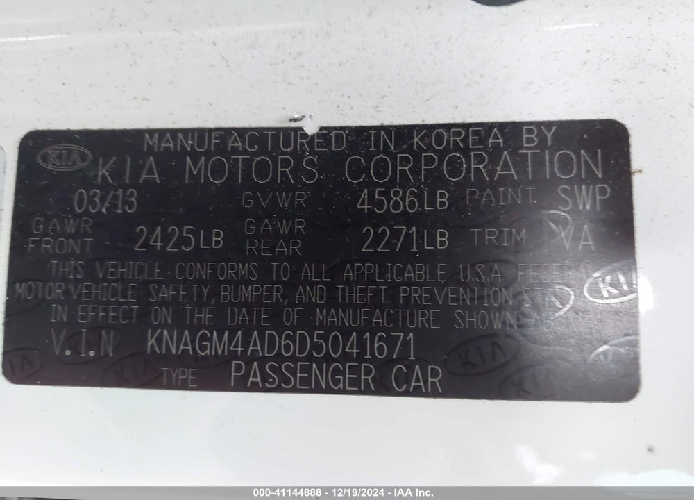 2013 KIA OPTIMA HYBRID LX VIN: KNAGM4AD6D5041671
