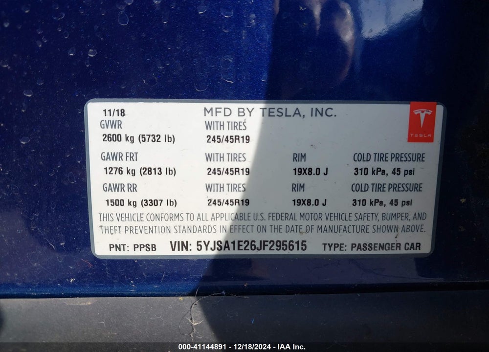 2018 TESLA MODEL S 100D/75D/P100D VIN: 5YJSA1E26JF295615