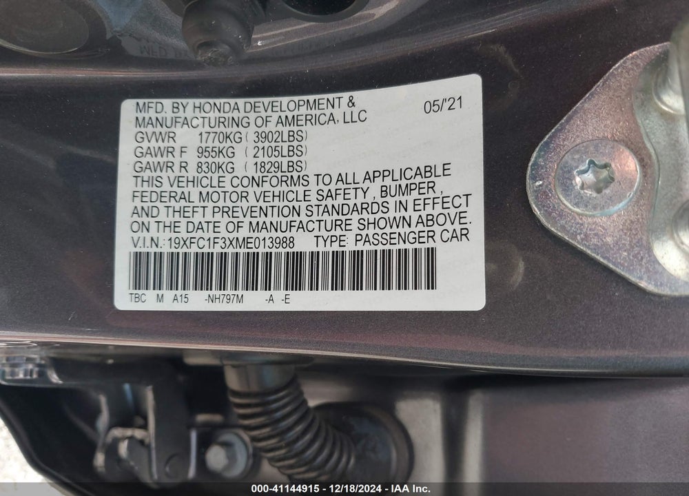 2021 HONDA CIVIC EX VIN: 19XFC1F3XME013988