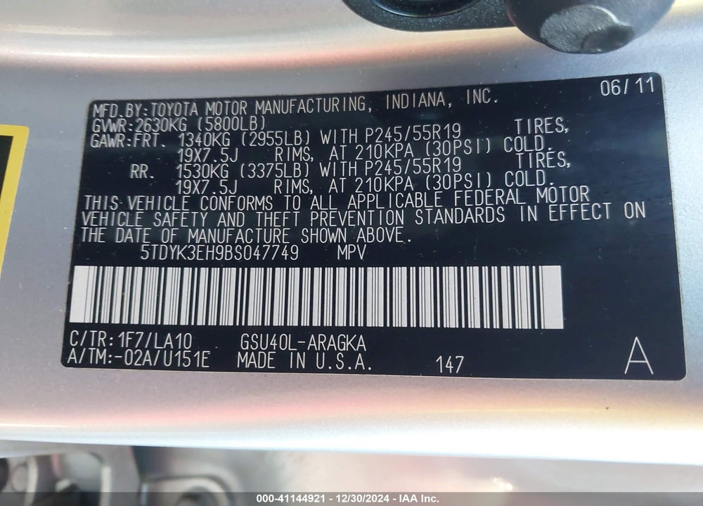 2011 TOYOTA HIGHLANDER LIMITED V6 VIN: 5TDYK3EH9BS047749