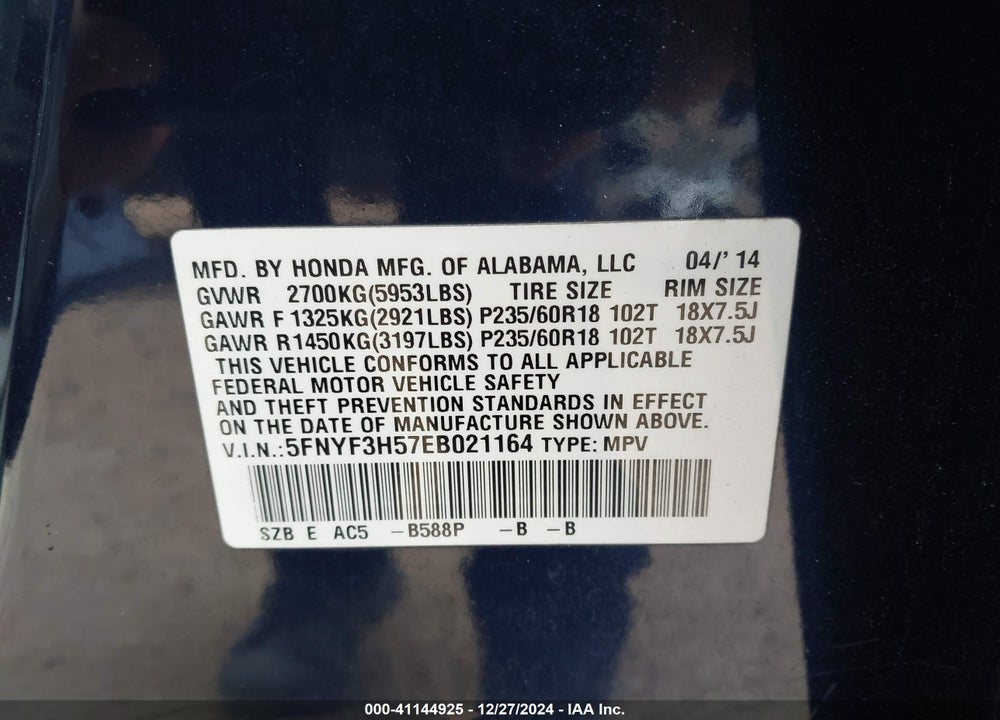 2014 HONDA PILOT EX-L VIN: 5FNYF3H57EB021164
