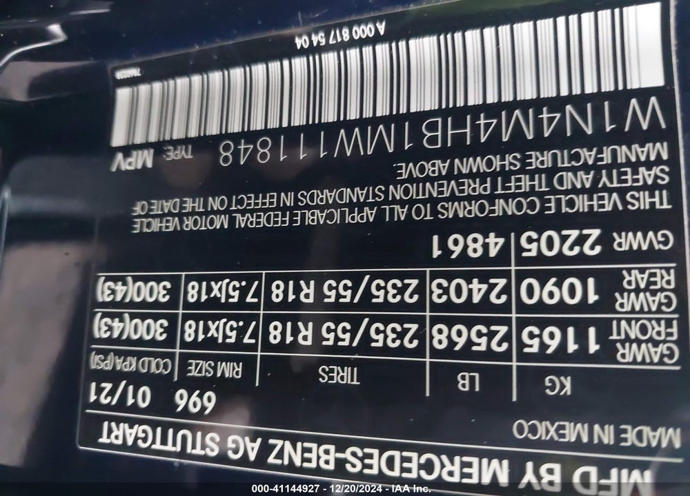 2021 MERCEDES-BENZ GLB 250 4MATIC VIN: W1N4M4HB1MW111848