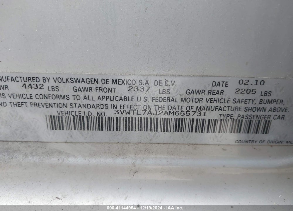 2010 VOLKSWAGEN JETTA VIN: 3VWTL7AJ2AM655731