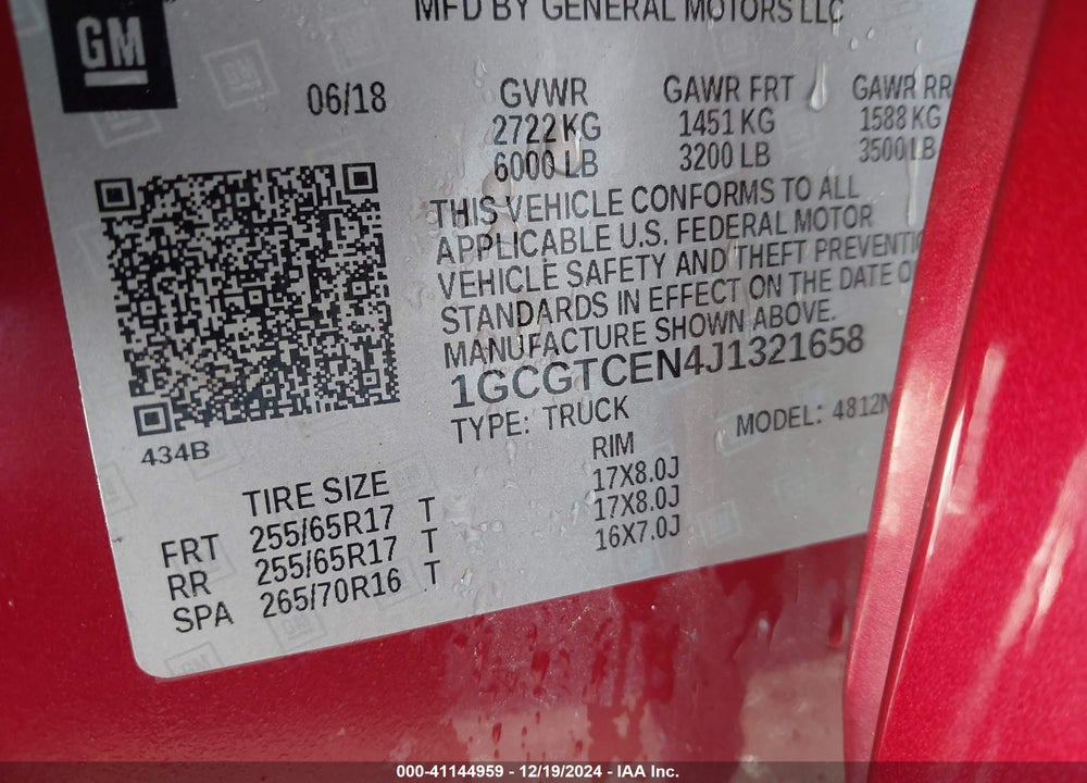 2018 CHEVROLET COLORADO VIN: 1GCGTCEN4J1321658