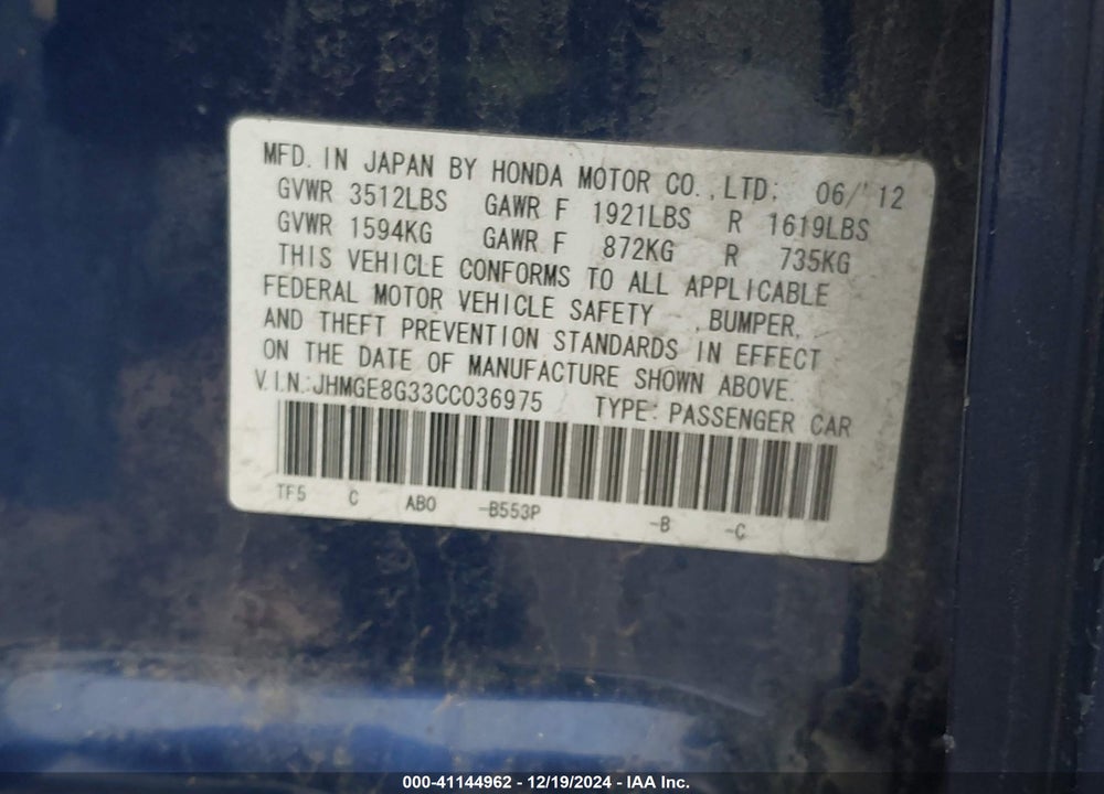 2012 HONDA FIT VIN: JHMGE8G33CC036975