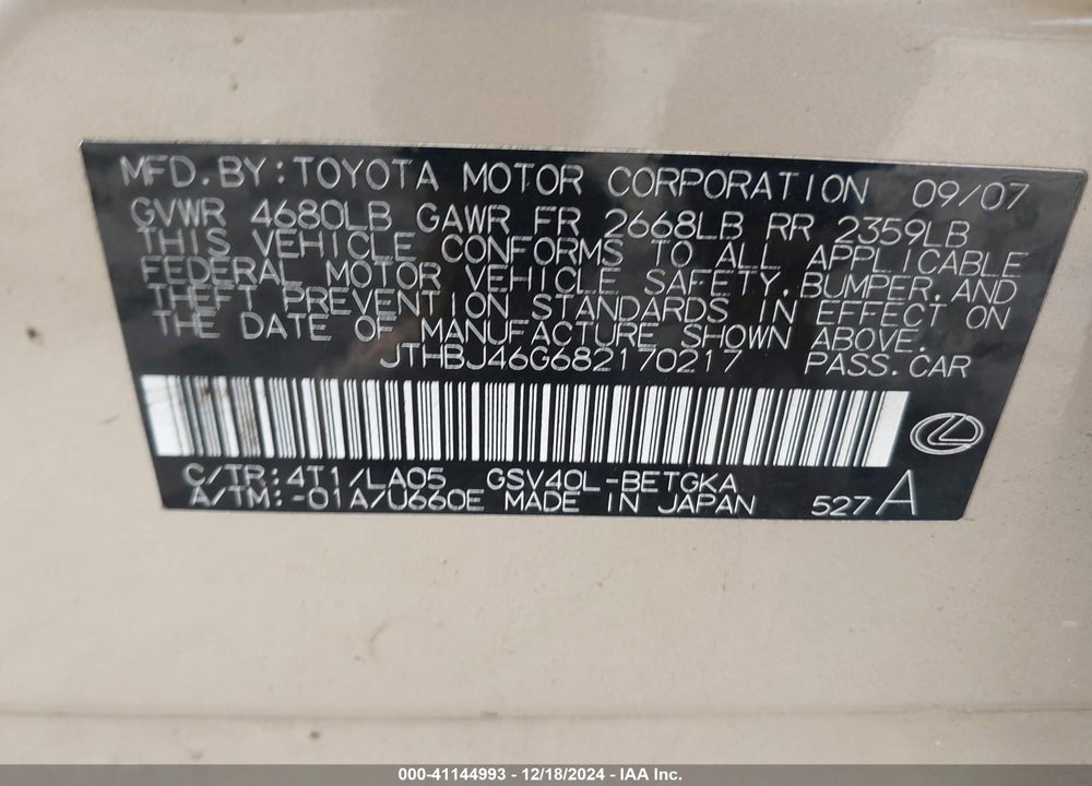 2008 LEXUS ES 350 VIN: JTHBJ46G682170217