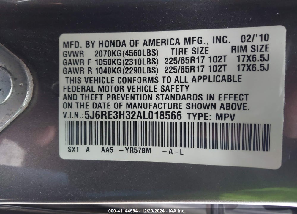 2010 HONDA CR-V LX VIN: 5J6RE3H32AL018566