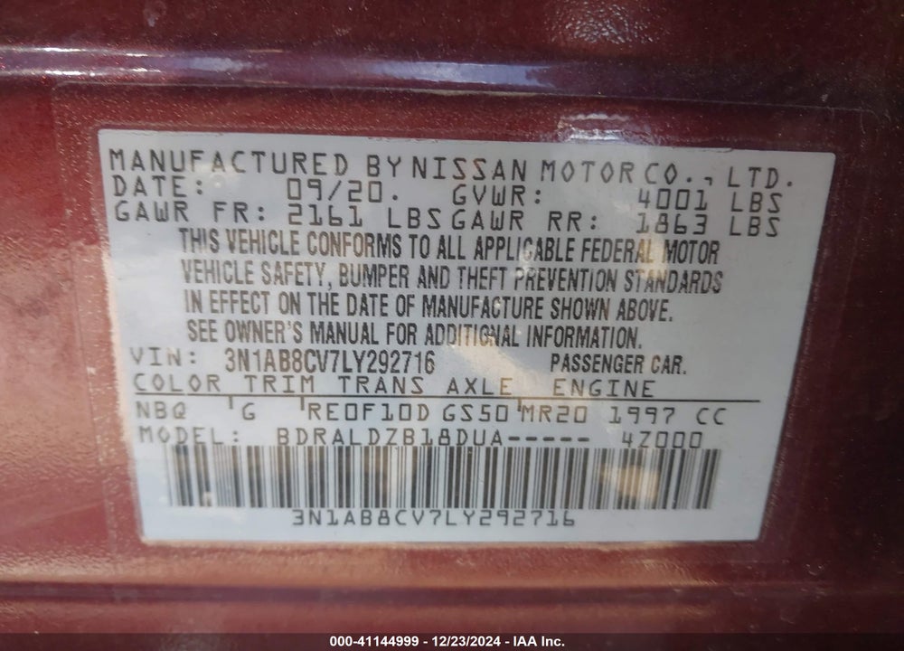 2020 NISSAN SENTRA SV XTRONIC CVT VIN: 3N1AB8CV7LY292716