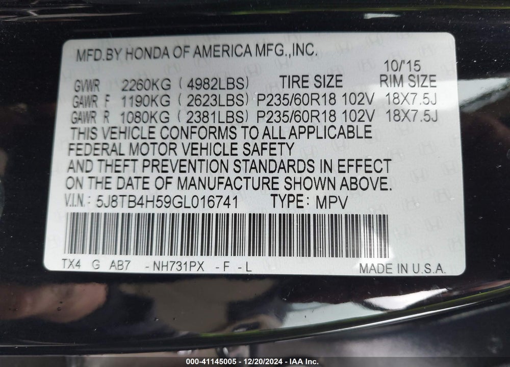 2016 ACURA RDX TECHNOLOGY   WATCH PLUS PACKAGES/TECHNOLOGY PACKAGE VIN: 5J8TB4H59GL016741