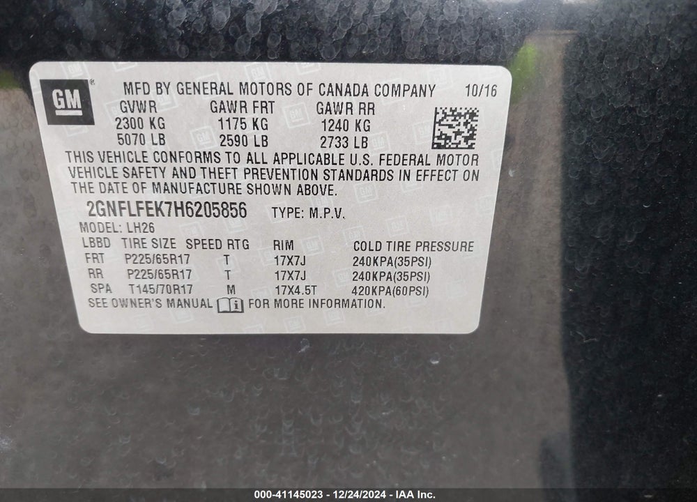 2017 CHEVROLET EQUINOX LT VIN: 2GNFLFEK7H6205856