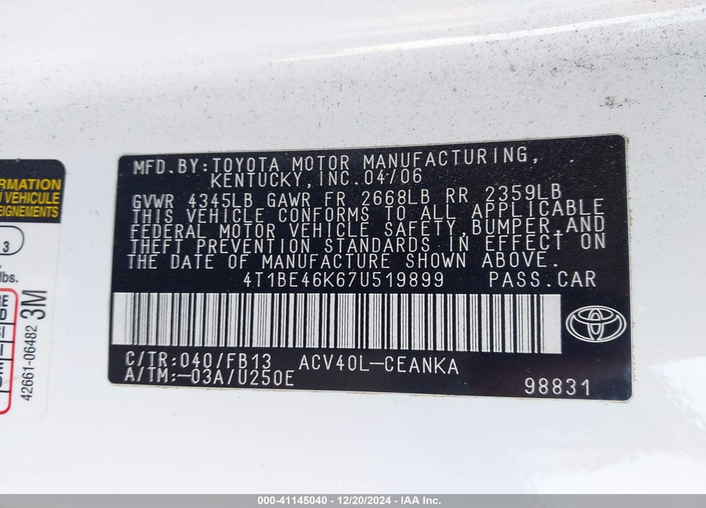 2007 TOYOTA CAMRY VIN: 4T1BE46K67U519899