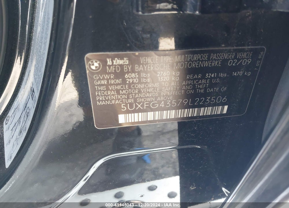 2009 BMW X6 VIN: 5UXFG43579L223506
