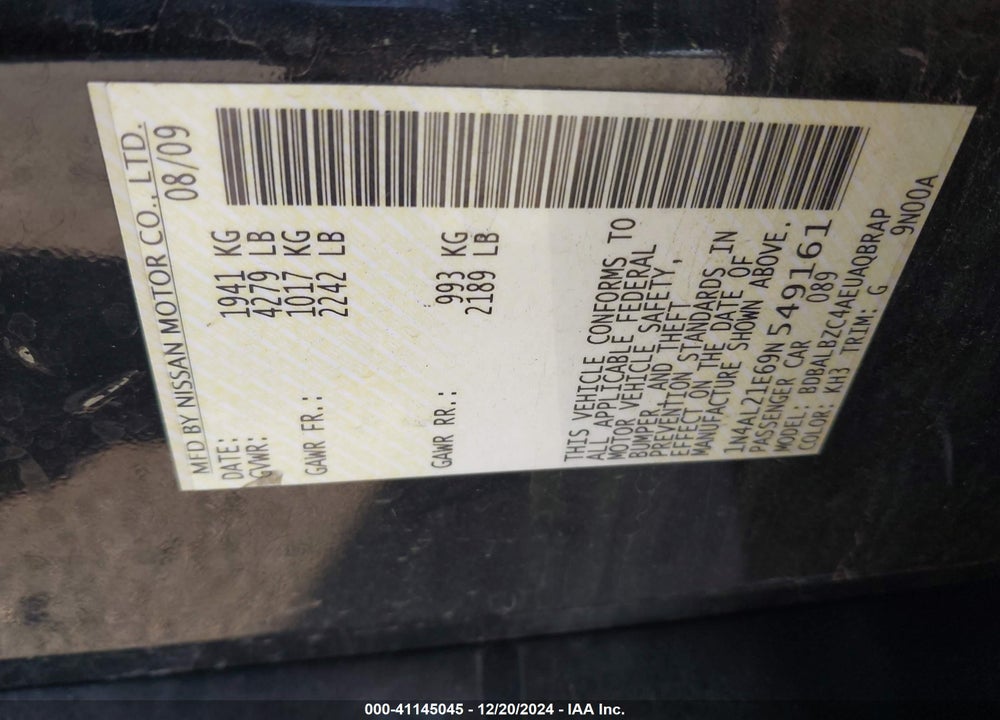 2009 NISSAN ALTIMA VIN: 1N4AL21E69N549161
