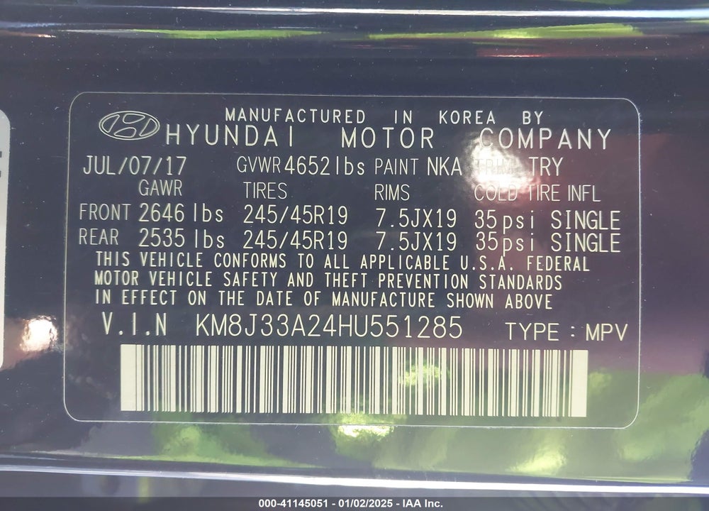 2017 HYUNDAI TUCSON SPORT VIN: KM8J33A24HU551285