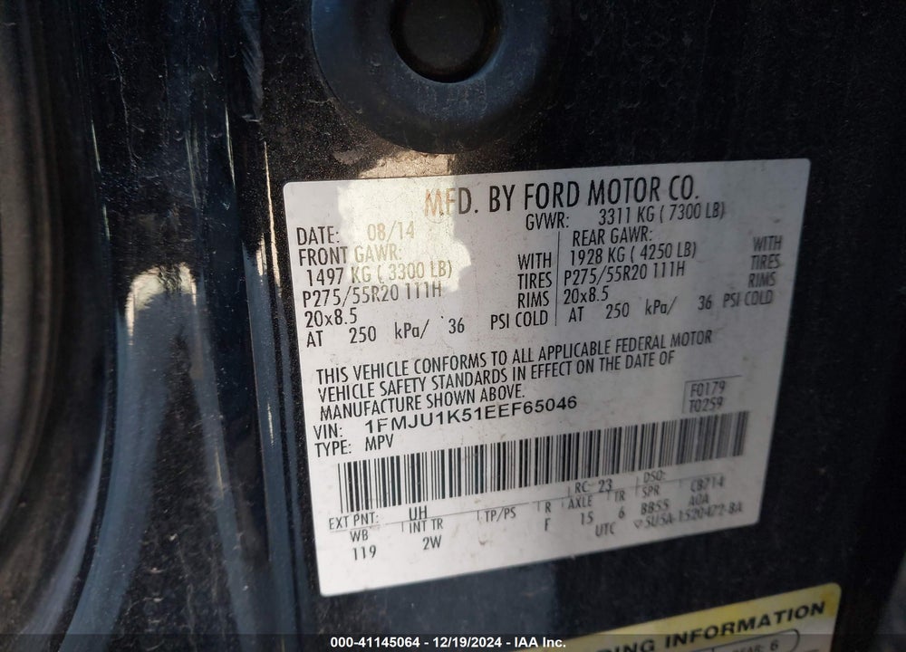 2014 FORD EXPEDITION LIMITED VIN: 1FMJU1K51EEF65046
