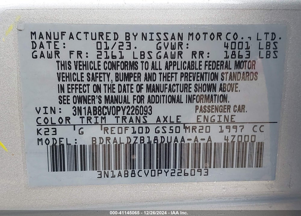 2023 NISSAN SENTRA SV XTRONIC CVT VIN: 3N1AB8CV0PY226093