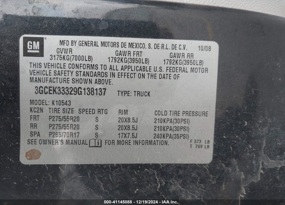 2009 CHEVROLET SILVERADO VIN: 3GCEK33329G138137