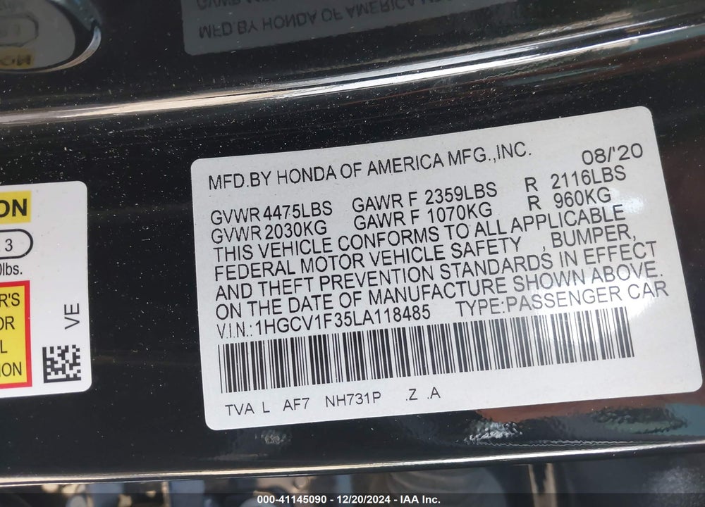 2020 HONDA ACCORD SPORT VIN: 1HGCV1F35LA118485