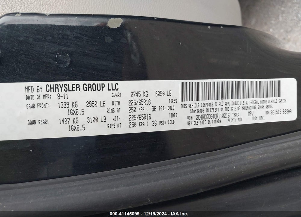 2012 DODGE GRAND CARAVAN CREW VIN: 2C4RDGDG4CR110216