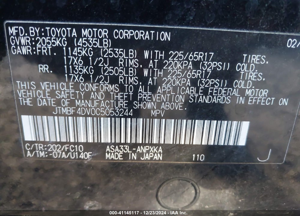 2012 TOYOTA RAV4 VIN: JTMBF4DV0C5053244