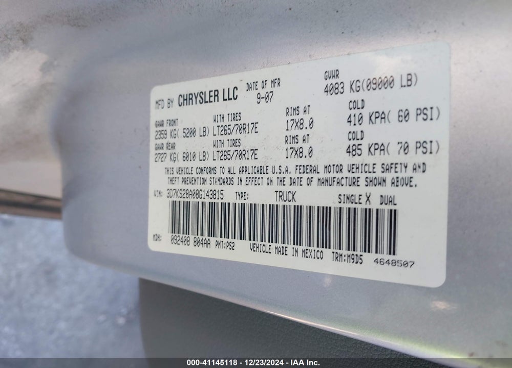 2008 DODGE RAM 2500 SLT VIN: 3D7KS28A08G143815