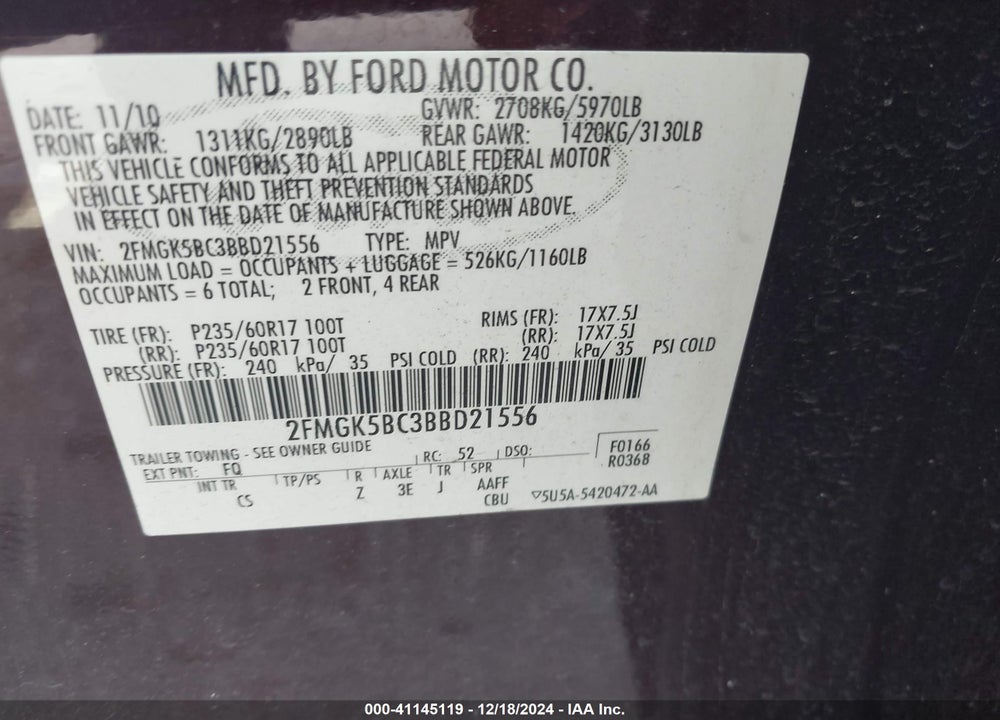2011 FORD FLEX SE VIN: 2FMGK5BC3BBD21556
