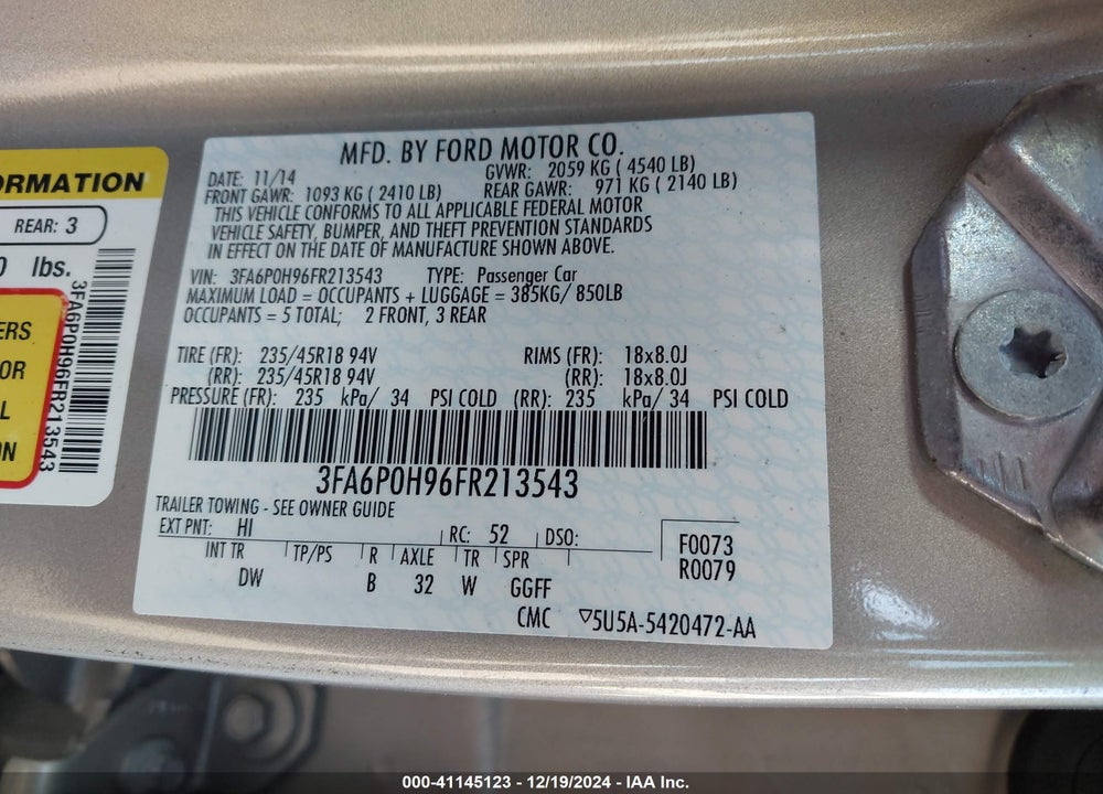 2015 FORD FUSION VIN: 3FA6P0H96FR213543