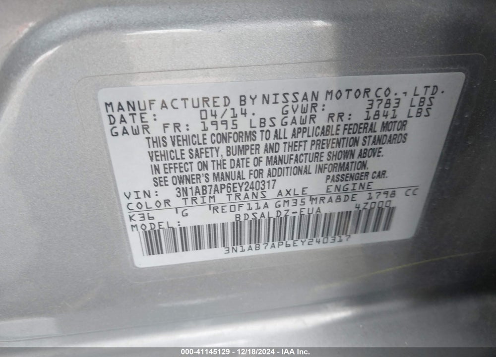 2014 NISSAN SENTRA FE+ S/FE+ SV/S/SL/SR/SV VIN: 3N1AB7AP6EY240317